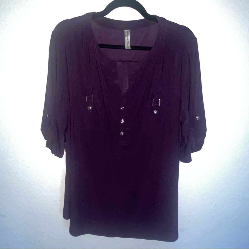 PerSeption Woman Purple 3/4 Sleeve Blouse Top W Gold Hardware Size 3X Plus Size